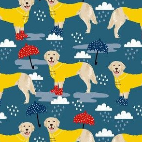 golden retriever dog rain fabric - umbrella, rain boots, wellingtons, wellies, dog, dogs, dog breed, april showers - dark blue