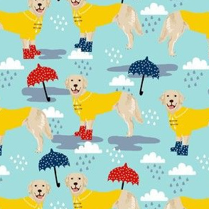 golden retriever dog rain fabric - umbrella, rain boots, wellingtons, wellies, dog, dogs, dog breed, april showers - light blue