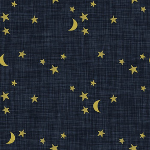 stars and moons // golden on midnight blue linen