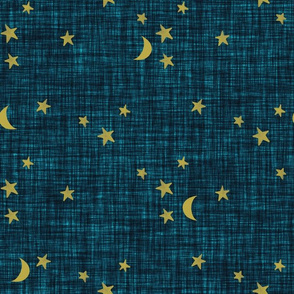 stars and moons // golden on teal linen