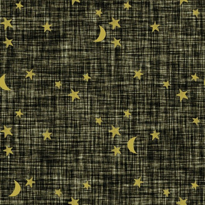 stars and moons // golden on olive green linen