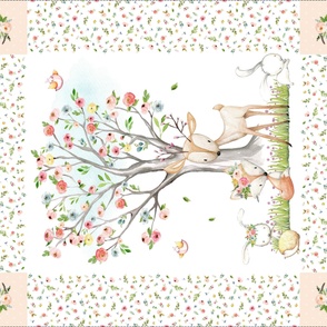 42”x36” Blanket Panel – Woodland Nursery Baby Girl Bedding, Deer Fox Flowering Tree - Sized for any 42" wide fabric