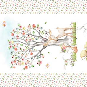 54”x36” MINKY Blanket Panel – Woodland Nursery Baby Girl Bedding, Deer Fox Bunny Flowering Tree, FABRIC REQUIRED IS 54” or WIDER