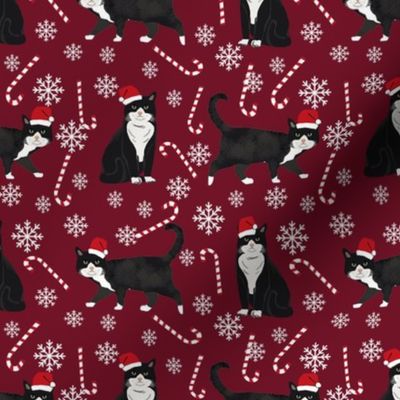tuxedo cat christmas fabric - black and white cat, bw cat, christmas cat, holiday cat, xmas cat - burgundy