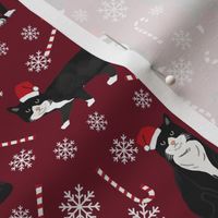 tuxedo cat christmas fabric - black and white cat, bw cat, christmas cat, holiday cat, xmas cat - burgundy