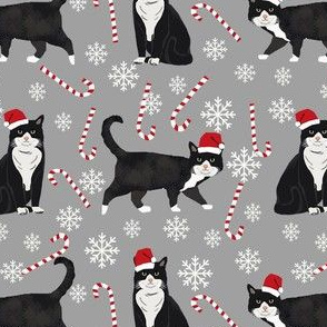 tuxedo cat christmas fabric - black and white cat, bw cat, christmas cat, holiday cat, xmas cat - grey