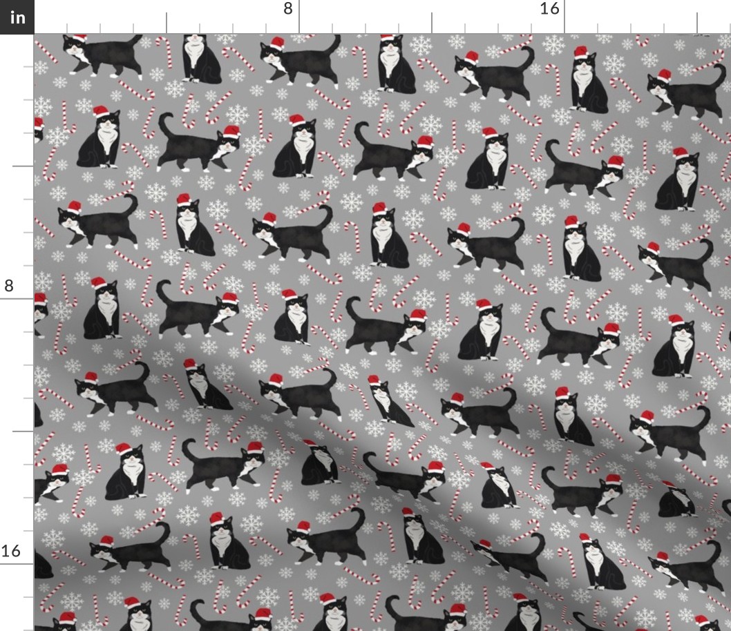 tuxedo cat christmas fabric - black and white cat, bw cat, christmas cat, holiday cat, xmas cat - grey