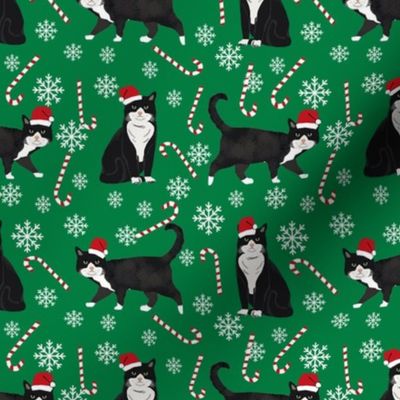tuxedo cat christmas fabric - black and white cat, bw cat, christmas cat, holiday cat, xmas cat - green