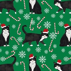 tuxedo cat christmas fabric - black and white cat, bw cat, christmas cat, holiday cat, xmas cat - green