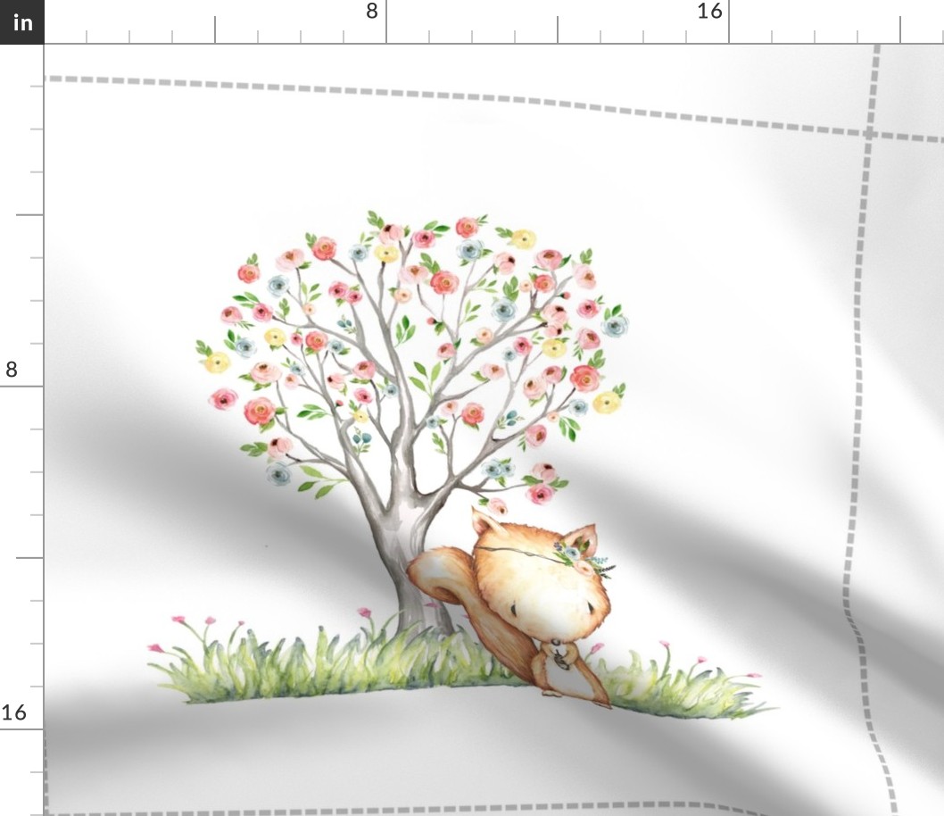 18” Woodland Squirrel Pillow Front with dotted cutting lines, Girls Nursery Bedding - Fat Quarter size