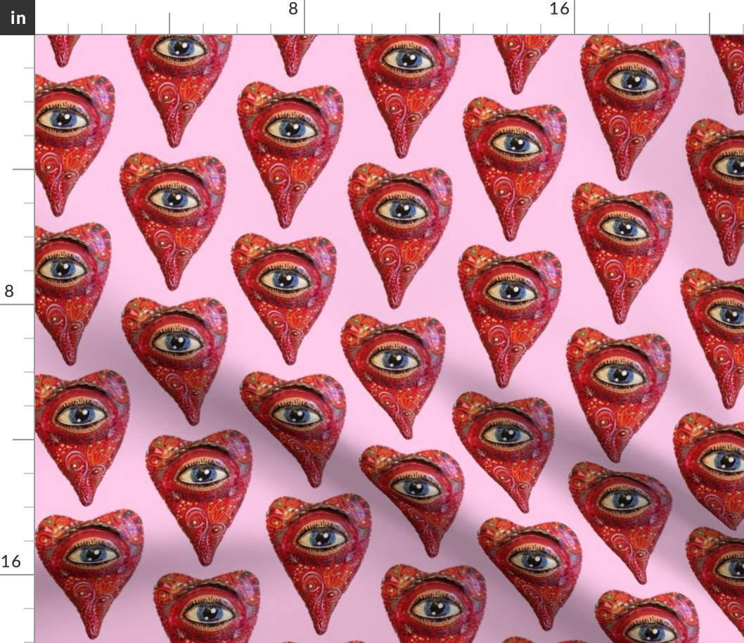 folk art heart with eye, red pink blue