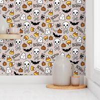 Little halloween candy skulls spider friends and bats kids pumpkin season beige