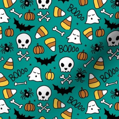 Little halloween candy skulls spider friends and bats kids pumpkin season green teal