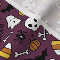 Little halloween candy skulls spider friends and bats kids pumpkin season purple augergine