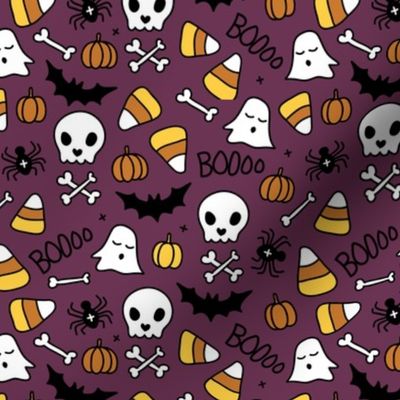 Little halloween candy skulls spider friends and bats kids pumpkin season purple augergine