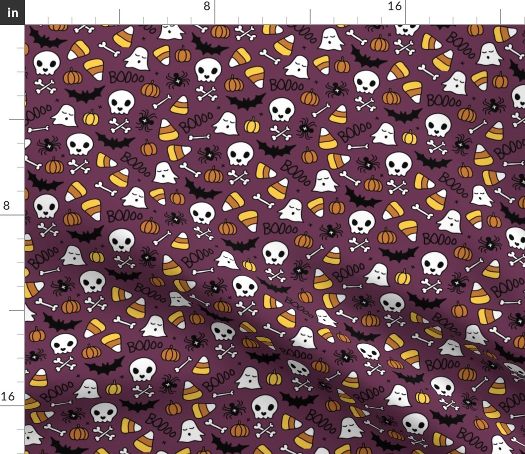 Little halloween candy skulls spider friends and bats kids pumpkin season purple augergine