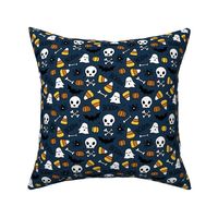 Little halloween candy skulls spider friends and bats kids pumpkin season night navy blue