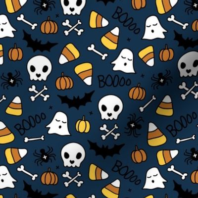 Little halloween candy skulls spider friends and bats kids pumpkin season night navy blue