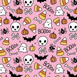 Little halloween candy skulls spider friends and bats kids pumpkin season girls pink