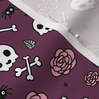 Little roses and bones skulls for girls halloween day of the dead skeleton garden purple aubergine