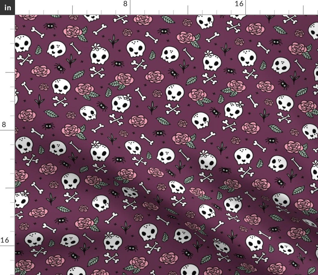 Little roses and bones skulls for girls halloween day of the dead skeleton garden purple aubergine
