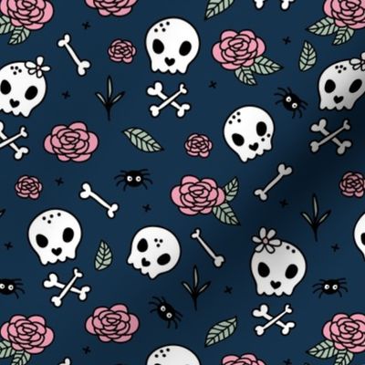 Little roses and bones skulls for girls halloween day of the dead skeleton garden pink mint navy blue night
