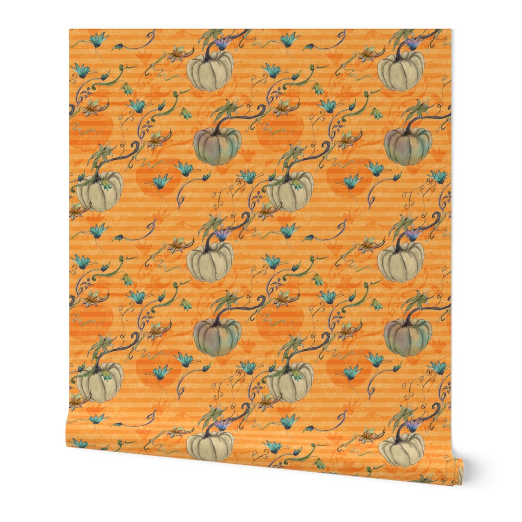 Pale colored plus orange Halloween pumpkins on horizontal stripes with flowers_normal scale