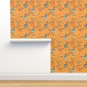 Pale colored plus orange Halloween pumpkins on horizontal stripes with flowers_normal scale