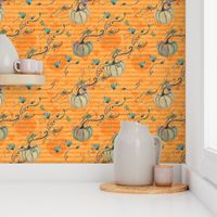 Pale colored plus orange Halloween pumpkins on horizontal stripes with flowers_normal scale