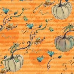 Pale colored plus orange Halloween pumpkins on horizontal stripes with flowers_normal scale