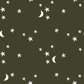 stars and moons // white on green olive