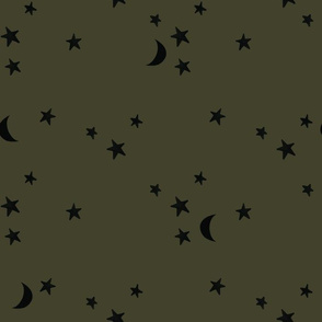 stars and moons // black on green olive