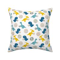 Dinos and Donuts - blue and yellow on white - doughnuts and dinosaurs - LAD19