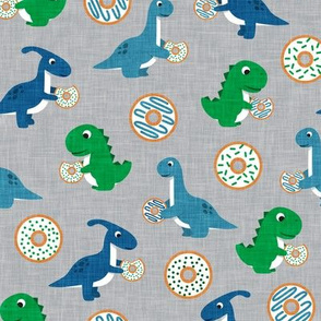Dinos and Donuts - blue and green on grey - doughnuts and dinosaurs - LAD19