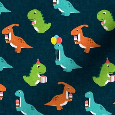 Party Dinos - orange, blue, green on dark blue  - birthday party dinosaurs - LAD19