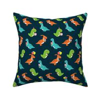 Party Dinos - orange, blue, green on dark blue  - birthday party dinosaurs - LAD19