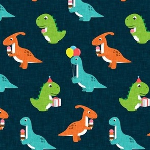 Party Dinos - orange, blue, green on dark blue  - birthday party dinosaurs - LAD19
