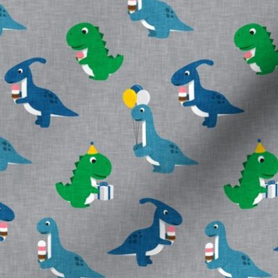 Party Dinos - blue and green on grey  - birthday party dinosaurs - LAD19