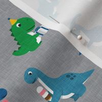 Party Dinos - blue and green on grey  - birthday party dinosaurs - LAD19