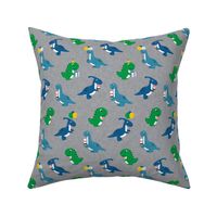 Party Dinos - blue and green on grey  - birthday party dinosaurs - LAD19