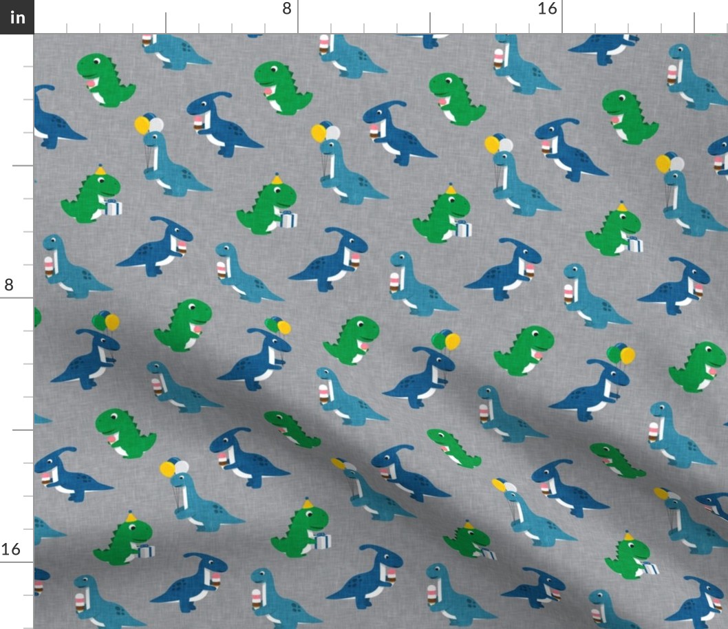 Party Dinos - blue and green on grey  - birthday party dinosaurs - LAD19