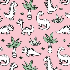Little kawaii dino land palm trees and dinosaurs dragons kids baby girls pink mint