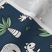 Little kawaii dino land palm trees and dinosaurs dragons kids baby boys navy blue