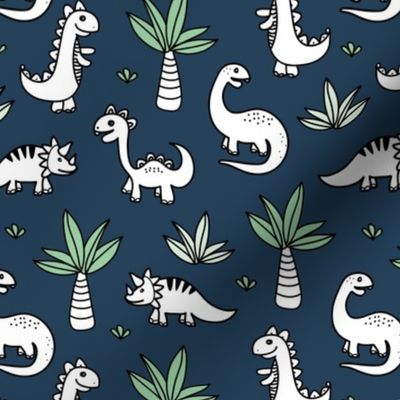 Little kawaii dino land palm trees and dinosaurs dragons kids baby boys navy blue