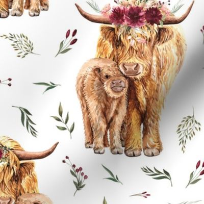 highland cows with leaves and maroon floral