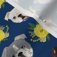 english bulldog floral heads - english bulldog fabric - navy and yellow