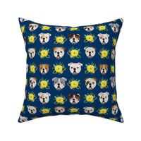 english bulldog floral heads - english bulldog fabric - navy and yellow