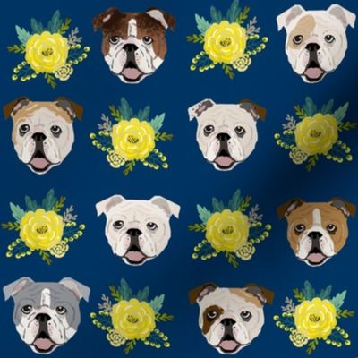 english bulldog floral heads - english bulldog fabric - navy and yellow