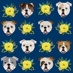 english bulldog floral heads - english bulldog fabric - navy and yellow