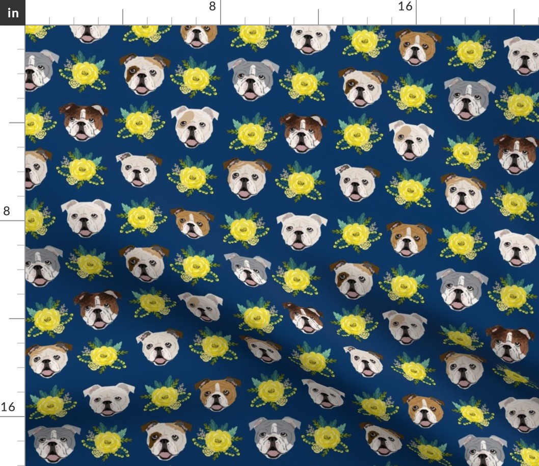 english bulldog floral heads - english bulldog fabric - navy and yellow